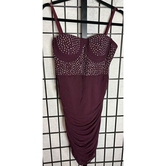 Mele E Pere Burgundy Rhinestone Adorned Sleeveless Dress - Picture 2 of 6